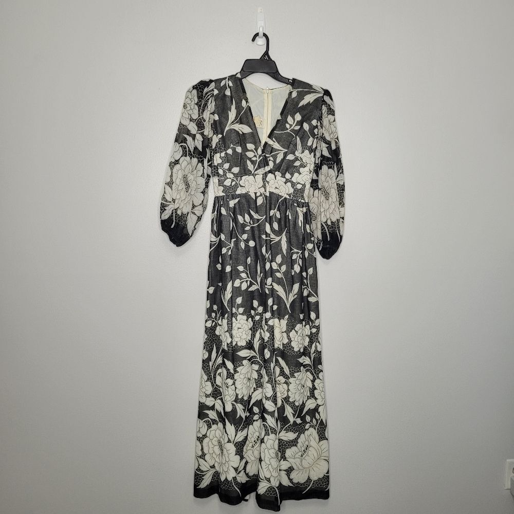 Vintage gray off white floral boho maxi long sleeve empire waist dress size 9/10